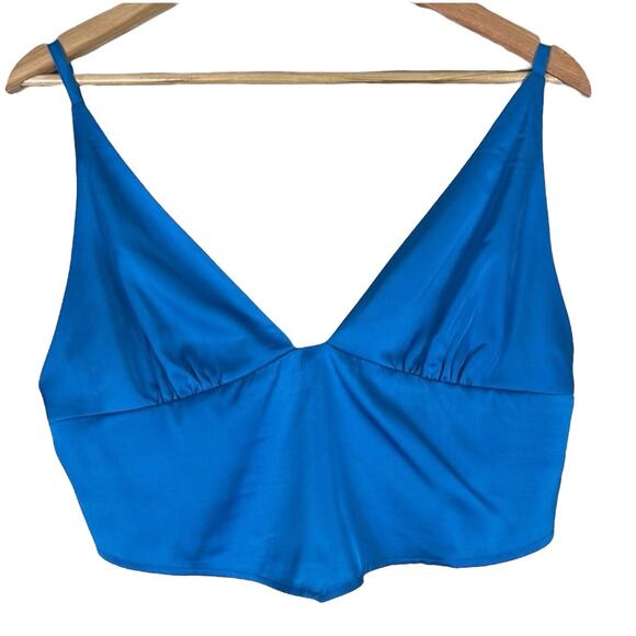Garage Crop Top Womens L Blue Satin V-Neck Smocked Going Out Festival Clean Girl - Picture 1 of 4